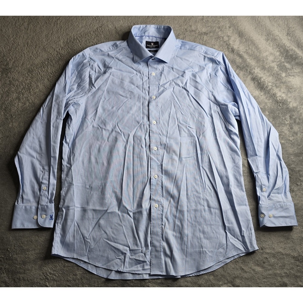 Psycho Bunny Shirt Mens 17.5 Blue Modern Fit Stretch Non Iron Long Sleeve Button